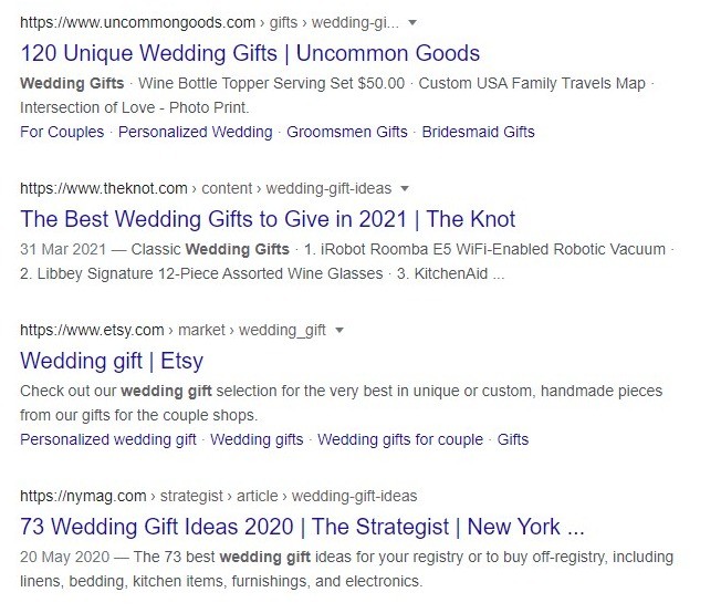 Screenshot showing the Google top results for the keyphrase "wedding gifts"